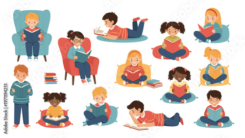 Diverse group of young children enjoying reading books in various comfortable positions such as sitting on chairs and lying on rugs.
