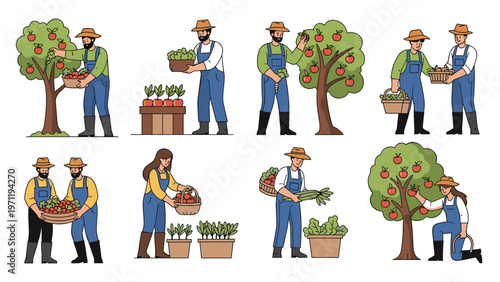 Collection of illustrations featuring male and female farmers picking apples from trees and harvesting various vegetables on an organic farm.