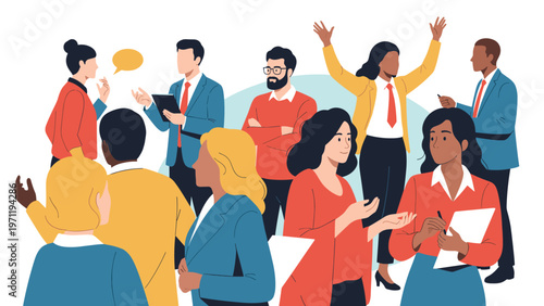 Group of professional business people are engaged in conversation and collaboration during a meeting in a modern office setting.