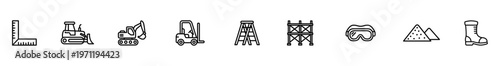 Construction icon outline equipment tool safety industry set featuring ruler steamroller excavator forklift ladder scaffold goggle sand boot for building infographic