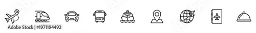 Travel icon transportation airplane train car bus cruise ship map pin line outline set for tourism concept journey planning booking navigation passport hotel service symbol