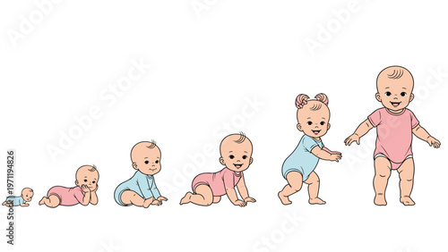 Series of baby illustrations shows the developmental stages of an infant from crawling on the floor to taking their first steps.