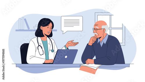 Professional female doctor in a white lab coat discusses medical results with an elderly male patient in a bright consultation room.