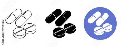 Minimalist medical icon set: capsules and tablets in black, white, and blue