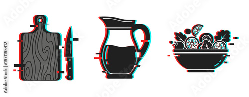 Kitchen utensils arranged with salad and pitcher on white background. Glitch effect