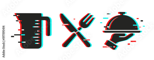 Kitchen utensils arranged with serving cloche on white background. Glitch effect