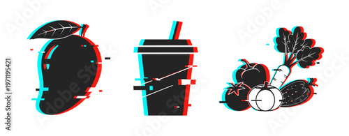 Fruit and beverage icons showing healthy food options on white background. Glitch effect