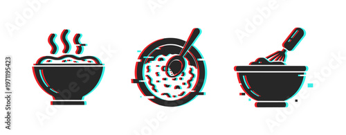 Bowls showing stirring and steaming on white background. Glitch effect