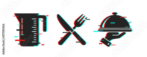 Measuring cup fork and cloche indicating food service icons. Glitch effect
