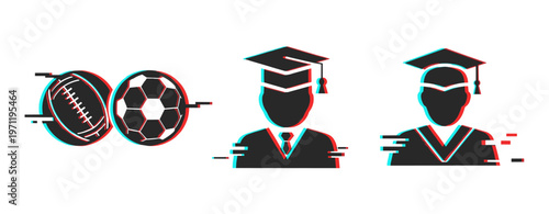 Sports balls and graduates depicted in glitch icons row. Glitch effect