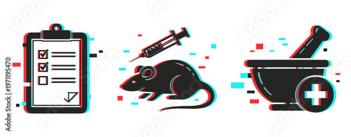 Clipboard mouse and mortar with pestle on white background. Glitch effect