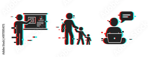 Human figures representing teaching, parenting, and online messaging. Glitch effect