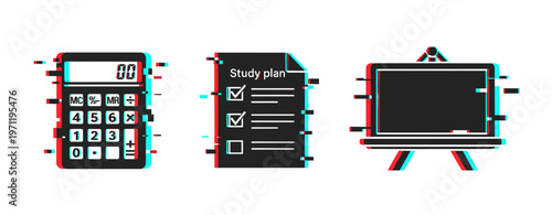 Calculator checklist and blackboard icons representing study tools. Glitch effect