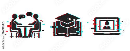 People conversing with graduation cap and online learning icons. Glitch effect