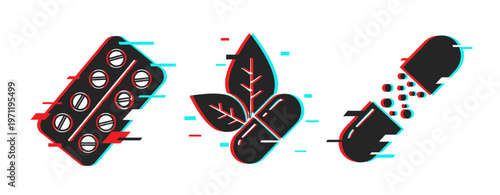 Medicinal capsules combined with natural leaves on white surface. Glitch effect