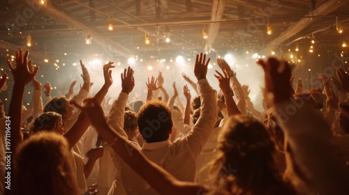 Group of people dancing and celebrating joyfully at a wedding reception with lively atmosphere and warm lighting