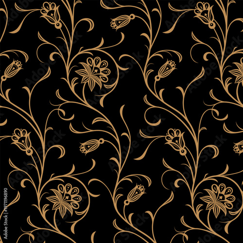 Seamless pattern in style of khokhloma for fabric. Golden climbing flower. Yellow plant with flowers on black background