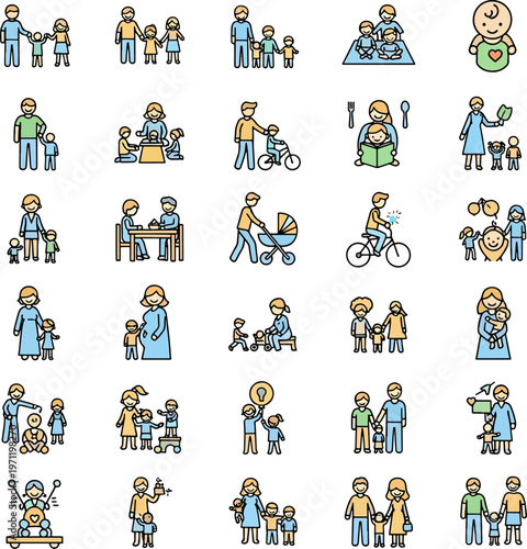 Diverse family icons set representing different generations including parents with children, grandparents with grandchildren, and single parents.