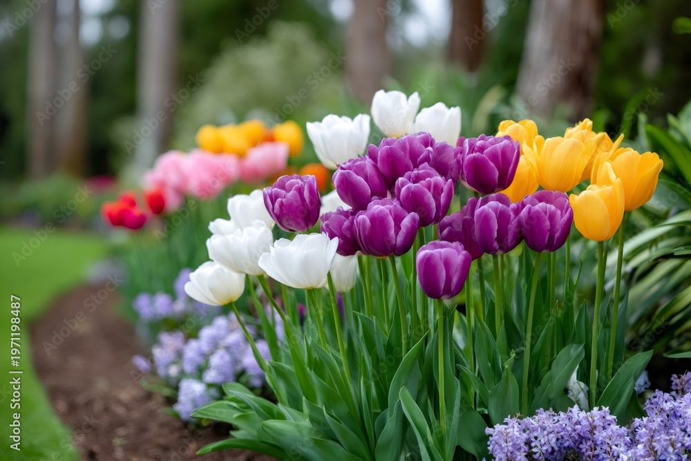 Colorful tulips blooming in spring garden beds