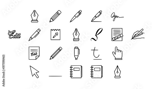 Pen nib outline icons set with pencil writing and edit symbols clean thin line UI vector