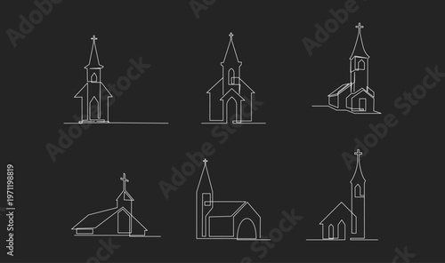Continuous Line Art Drawing of Christian Church Buildings with Crosses - Minimalist Abstract Architecture Vector Illustration Set
