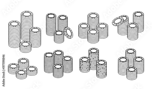 Monoline isometric casino chips stack vector set with poker gambling tokens bold outline illustration