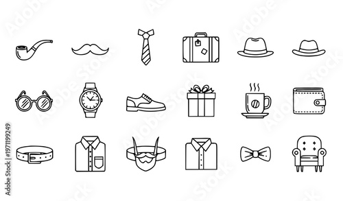 Flat fathers day icons set with pipe tie hat and gift symbols colorful celebration vector pack