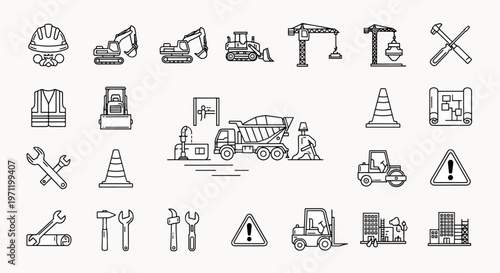 Construction Icons Set Vector Graphic Elements Featuring Equipment Tools Safety Gear And Vehicles For Building Industry