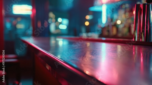 A modern bar top illuminated by vibrant red and blue neon lights creating a lively atmosphere
