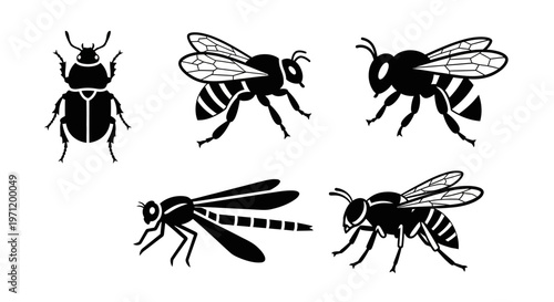 Insect Silhouettes Collection: Beetle, Bees, and Dragonfly Vector Icons