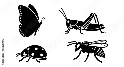 Insect Silhouettes Collection: Butterfly, Grasshopper, Ladybug, and Bee Icons