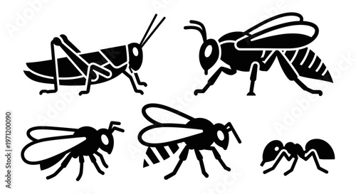 Insect Silhouettes Collection: Grasshopper, Bees, Wasps, and Ant Vector Icons
