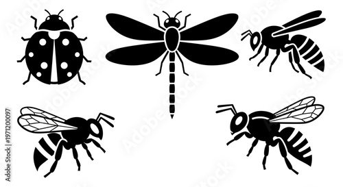 Insect Silhouettes Collection: Ladybug, Dragonfly, and Bees Vector Icons