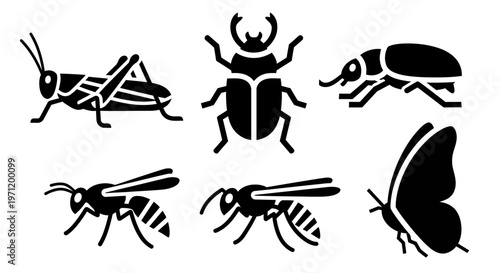 Insect Silhouettes Collection: Grasshopper, Beetle, Wasp, and Butterfly Icons