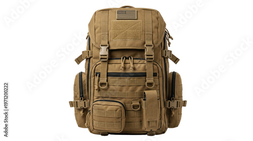 Tactical coyote brown military rucksack with flag patch