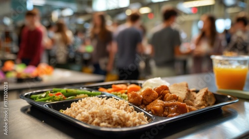 A school cafeteria tray filled with savory fried chicken, fluffy steamed rice, crispy fried plantains, fresh vegetables, and cold beverages in a busy dining environment