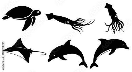 Marine animals silhouettes collection: sea turtle, squid, stingray, and dolphins vector set