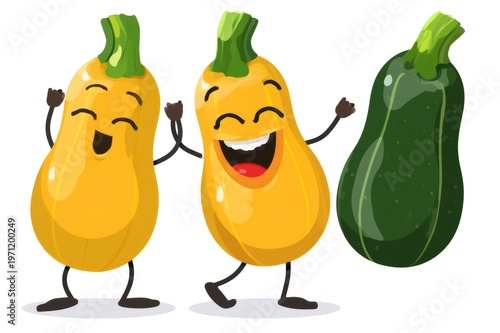 Happy cartoon zucchini characters being joyful