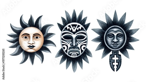 Tribal sun mask celestial deities engraving on white