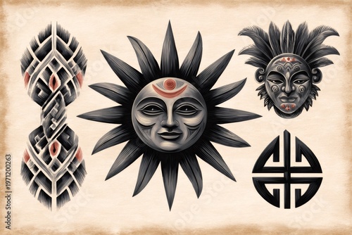 Ancient tribal spiritual symbols and folk art masks