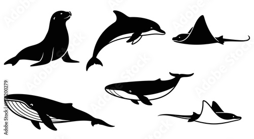 Marine Animals Silhouettes Set: Dolphin, Whale, Sea Lion, and Manta Ray Vector Icons