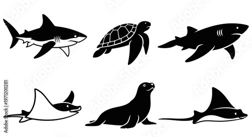 Marine Animals Silhouettes Set: Ocean Life Vector Icons