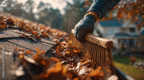 A worker sweeping fallen autumn leaves off a residential roof with a wooden rake device