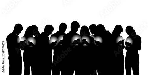 Group of People Looking at Phones, Social Isolation Concept, Clean Silhouette Vector Illustration