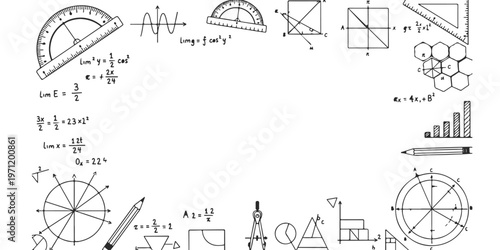 An organized collection of various mathematical diagrams and geometric formulas on white background