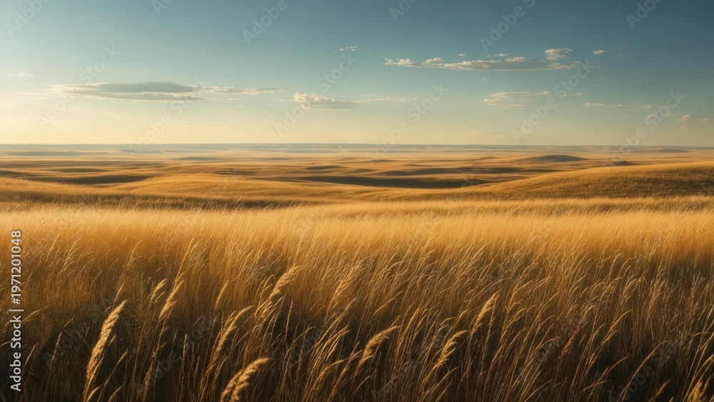 Obraz premium Rolling golden grasslands under a sunlit sky, grasses in foreground, soft lines, slight haze