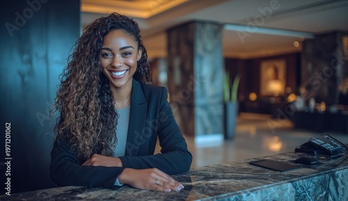 African american woman with curly hair wearing a dark blazer smiling at a hotel reception desk in a modern interior