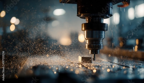 An advanced cnc machine performing precision cutting with sparks and metal debris under industrial lighting