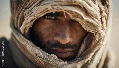 An arab man wearing a beige hooded scarf, intense gaze, and traditional attire emphasizing cultural depth