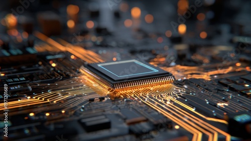 An integrated circuit with glowing data pathways highlighting detailed electronic components and vibrant lightning effects